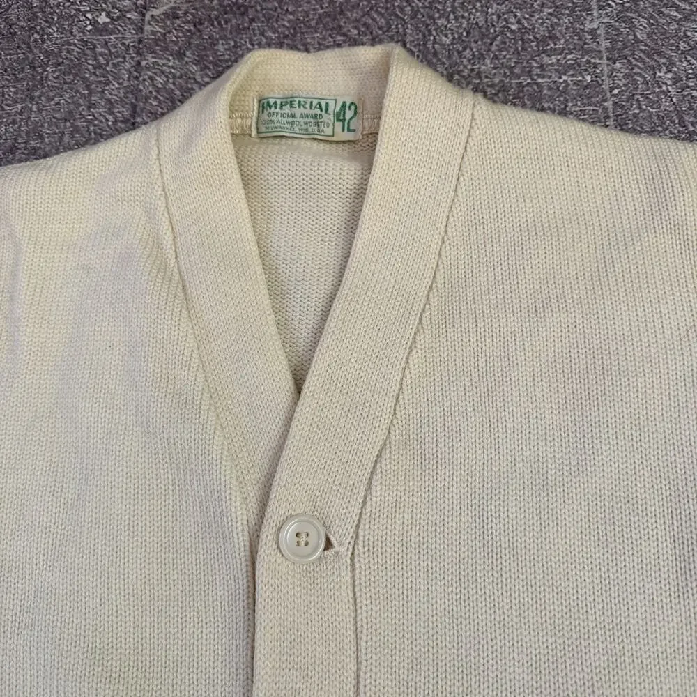 Men's Vintage 50's Imperial Off White Varsity Cardigan Button Up Sweater Sz 42
